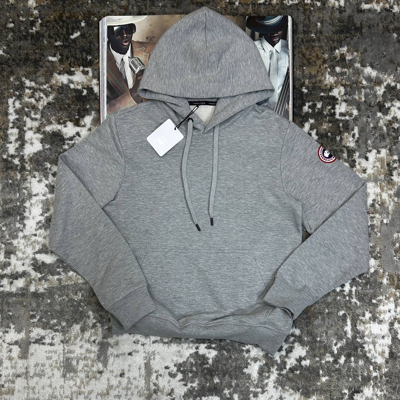 CNADA GOOSE HOODIE-GREY WITH RED BADGE