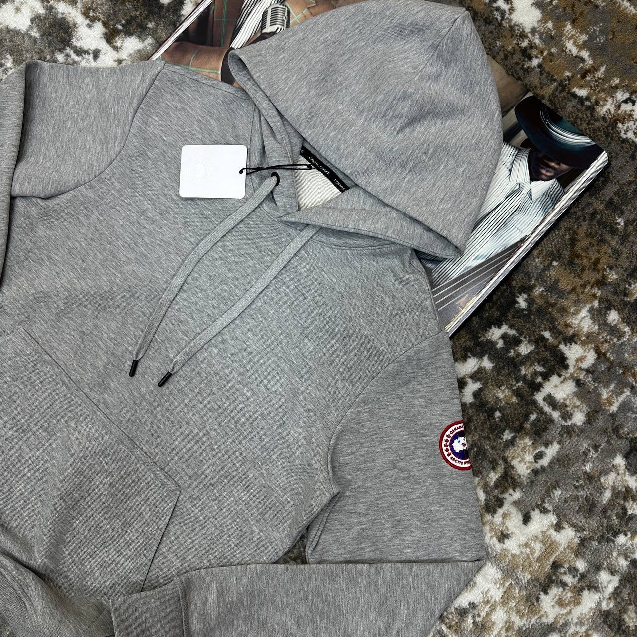 CNADA GOOSE HOODIE-GREY WITH RED BADGE
