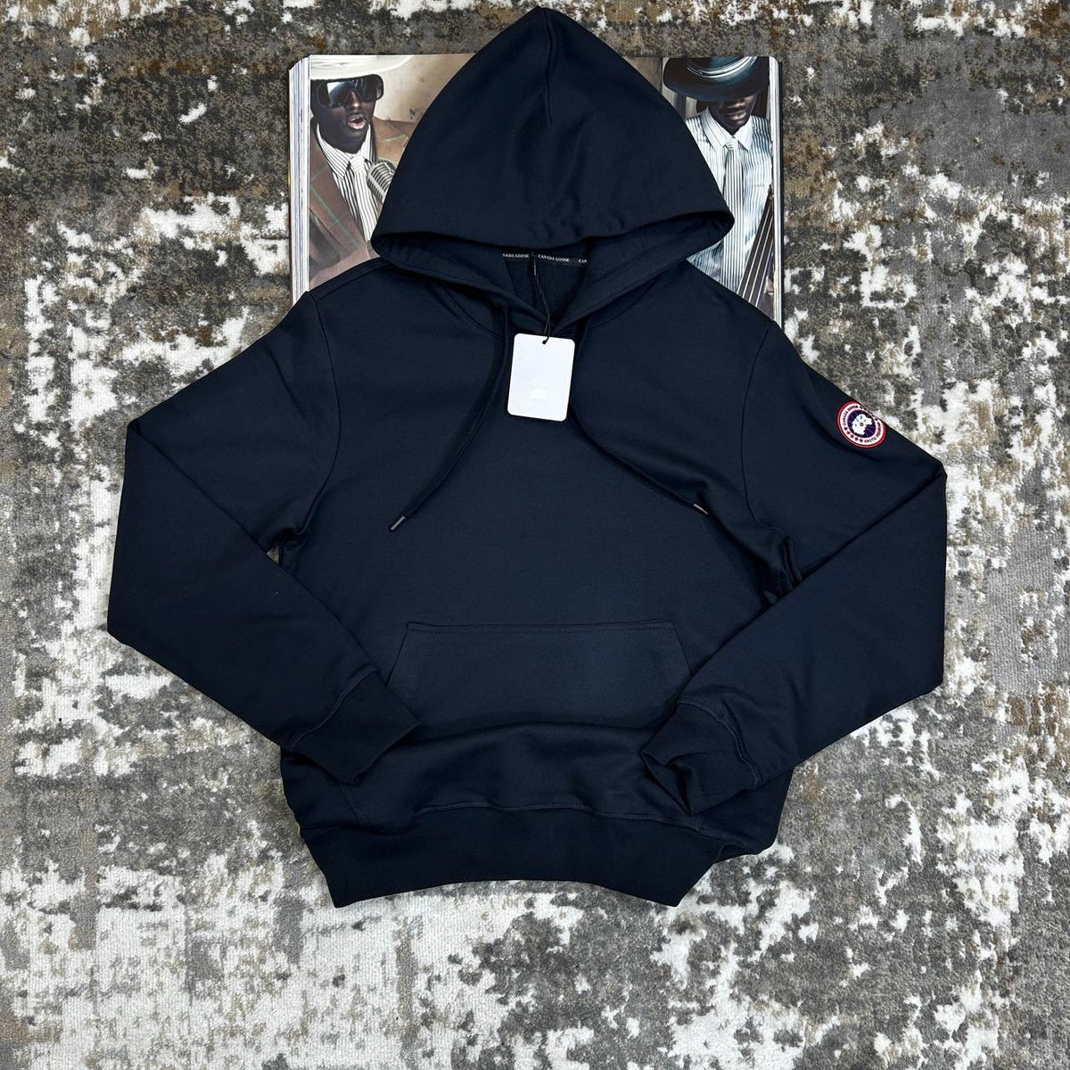CNADA GOOSE HOODIE-GREY WITH RED NAVY