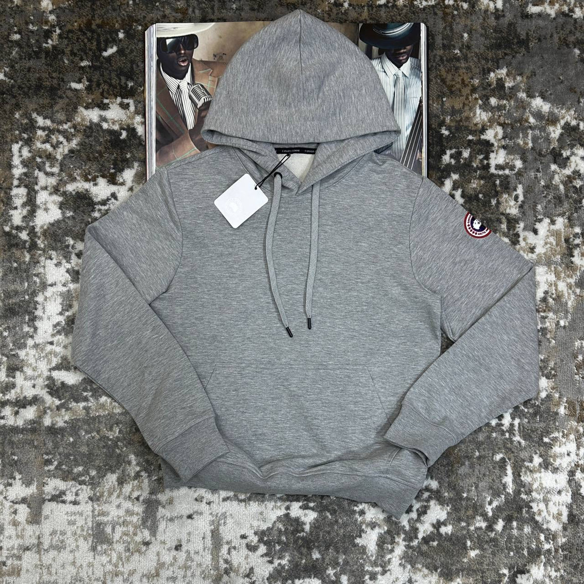CNADA GOOSE HOODIE-GREY WITH RED BADGE