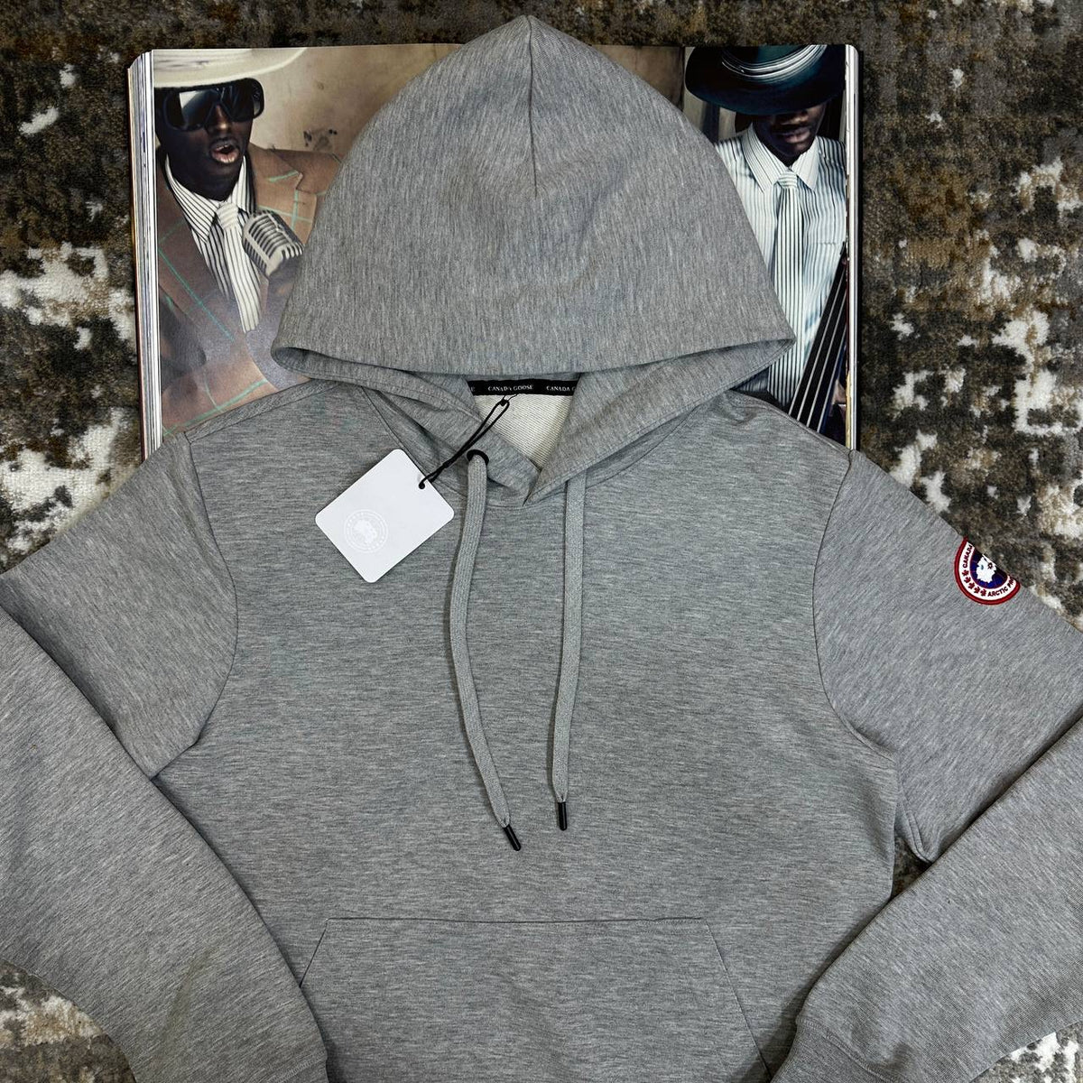 CNADA GOOSE HOODIE-GREY WITH RED BADGE