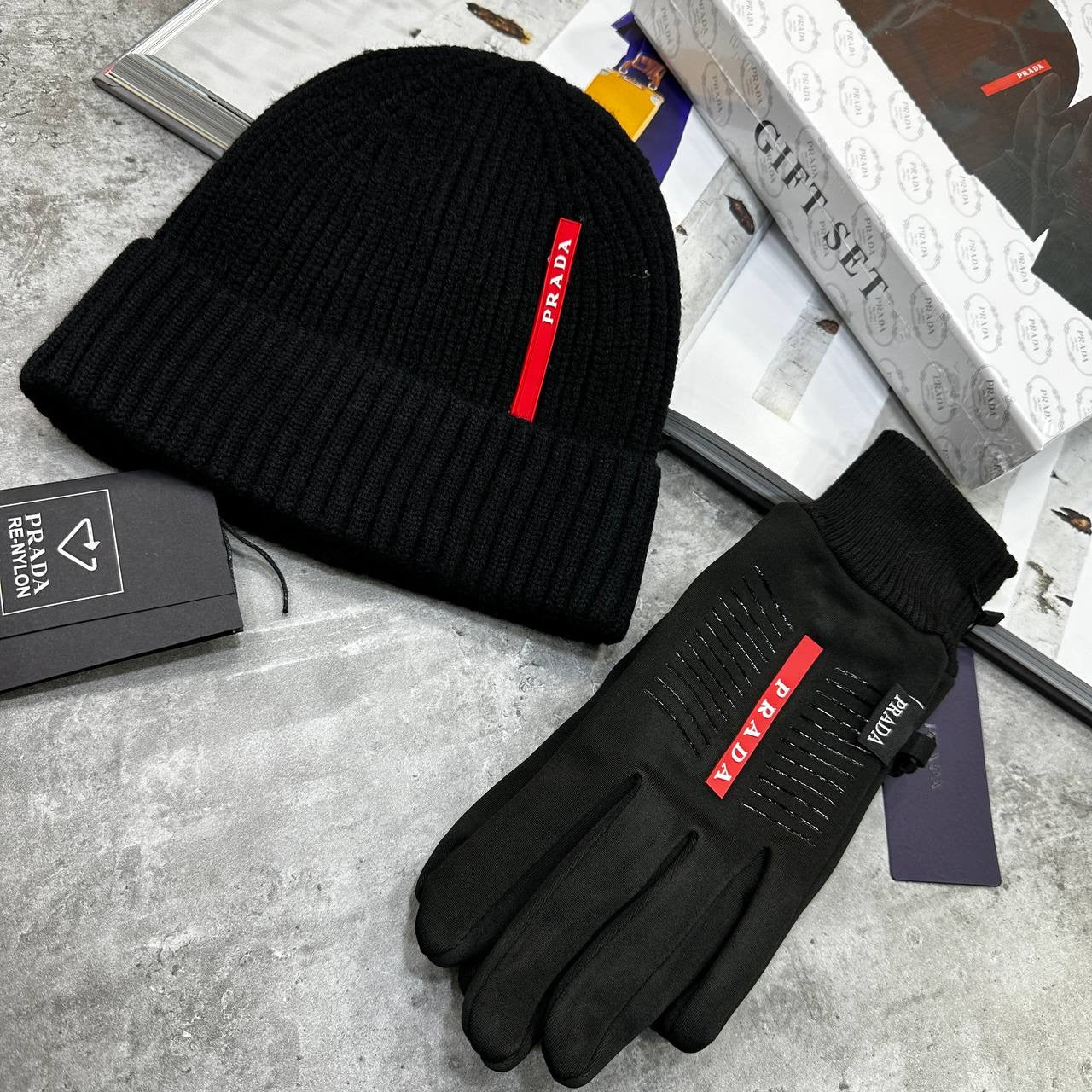 PRDA HAT AND GLOVE SET BLACK WITH BOX