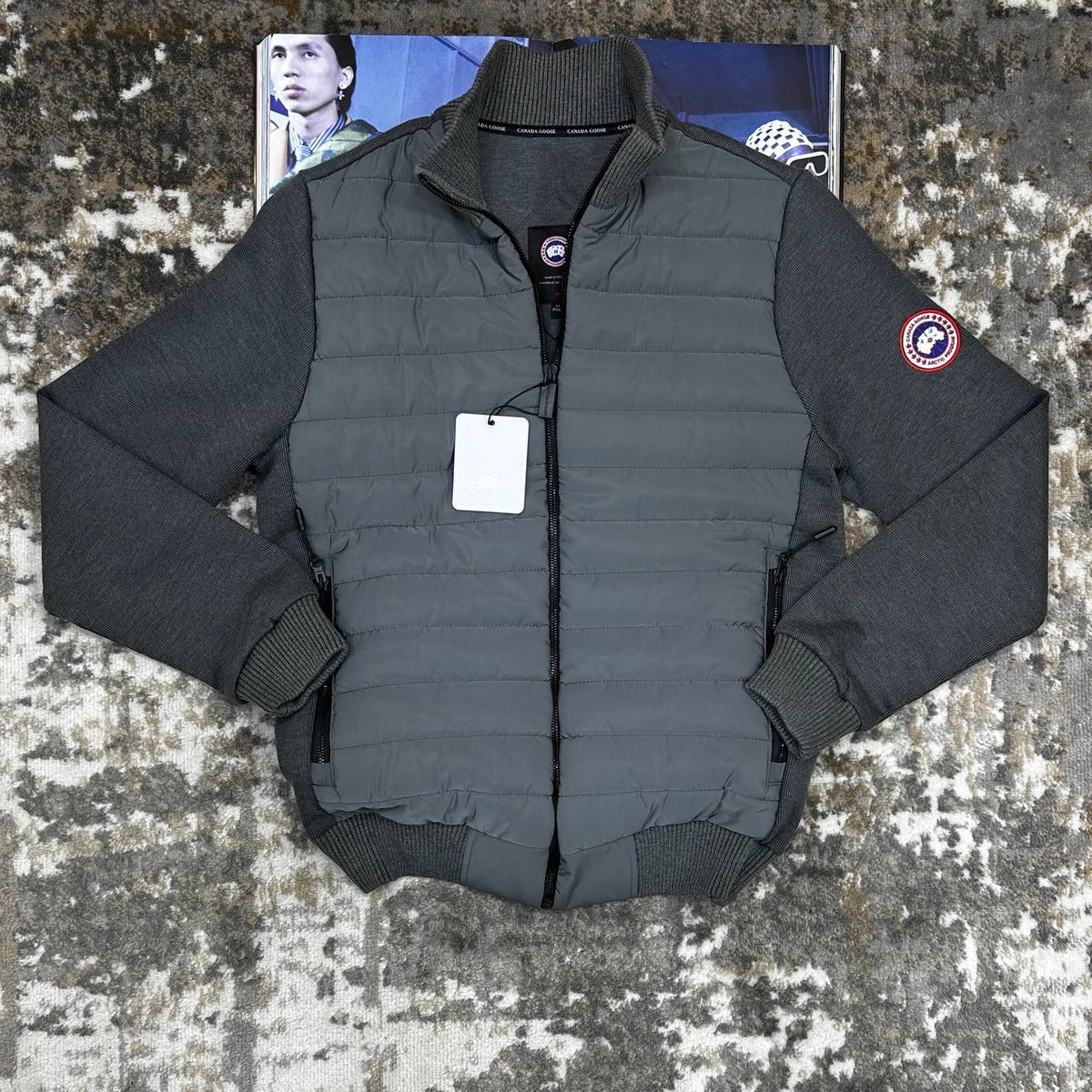 CNADA-GOOSE ZIP JACKET-GREY WITH RED BADGE