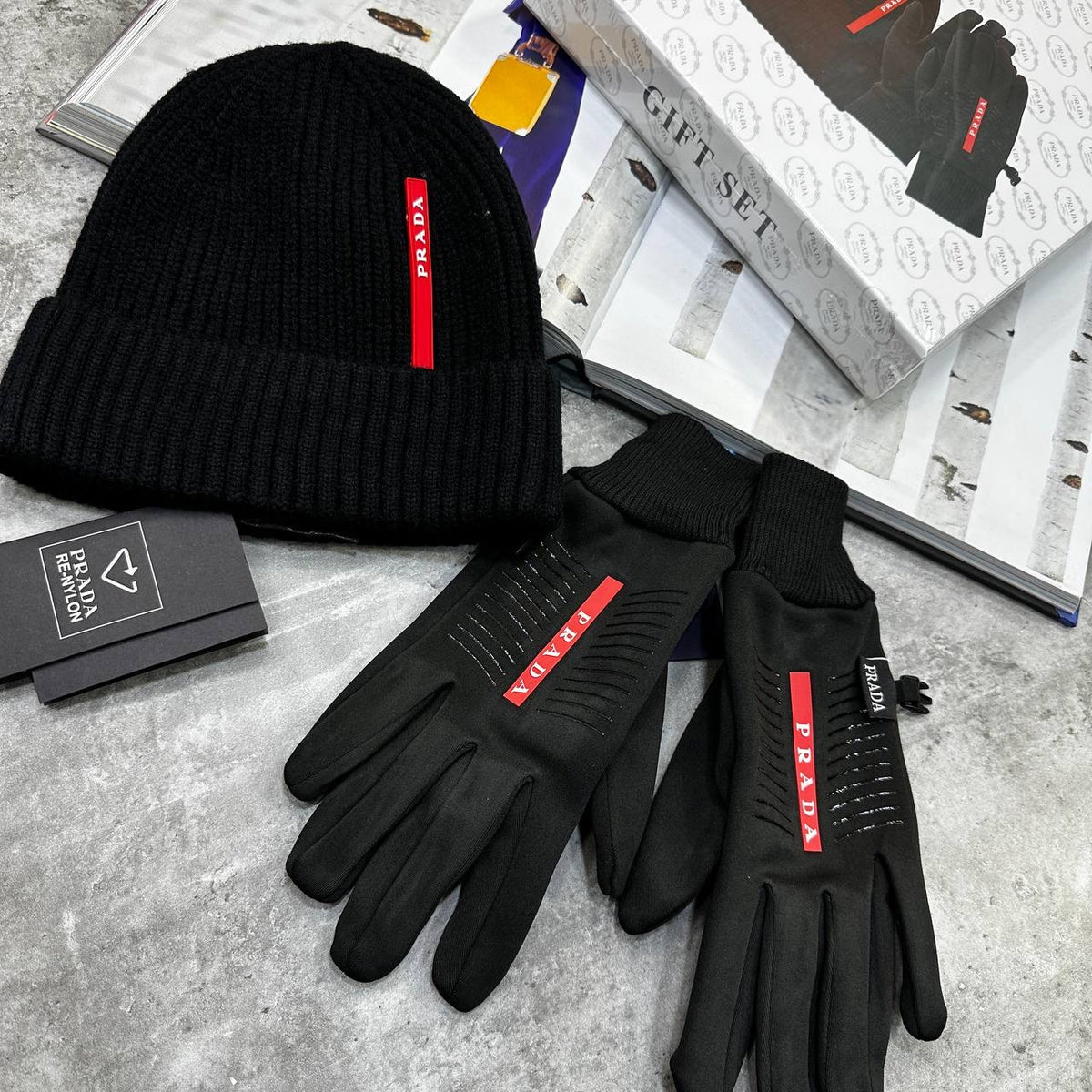 PRDA HAT AND GLOVE SET BLACK WITH BOX